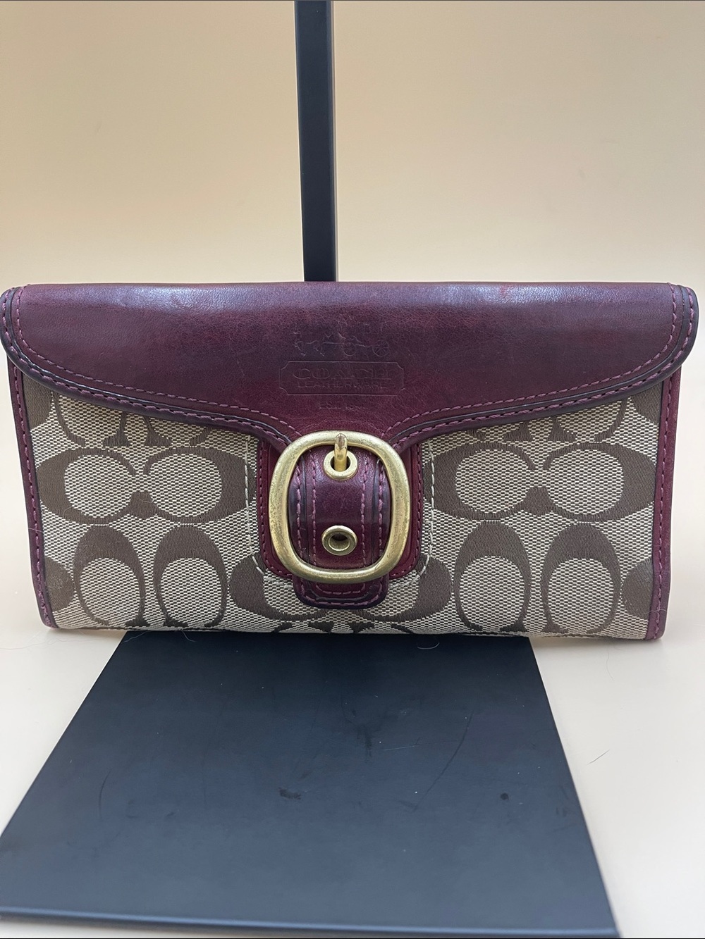 Coach Signature Canvas Wallet Burgundy Leather Trim and Gold Buckle Hardware